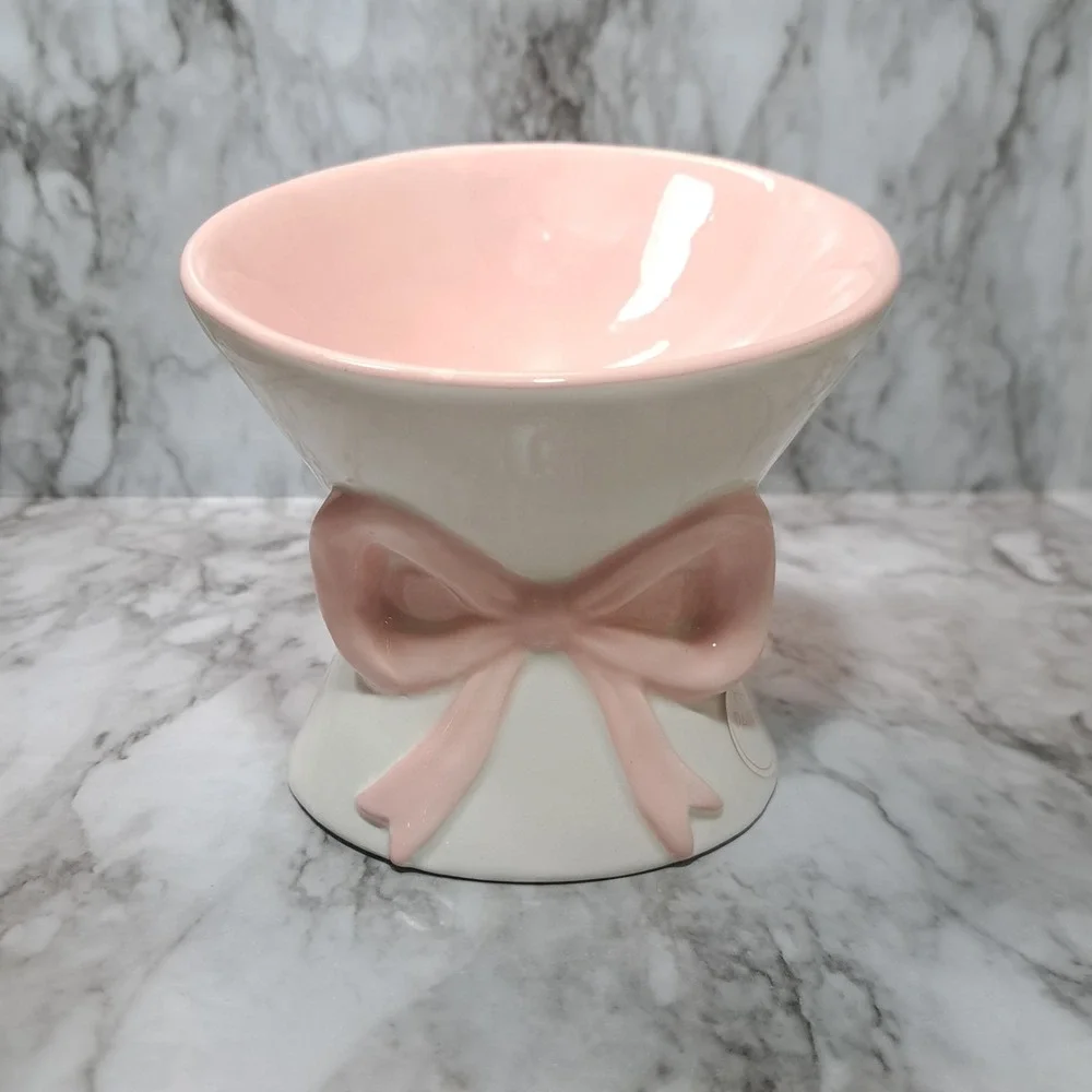 Mellow & Mod Pink /White Bow Cat Drinking Water Tall Bowl Hand Painted
